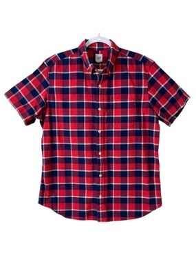 GAP Y2K Plaid Oxford Shirt Short Sleeve Button Down 100% Cotton Red Blue Men L
